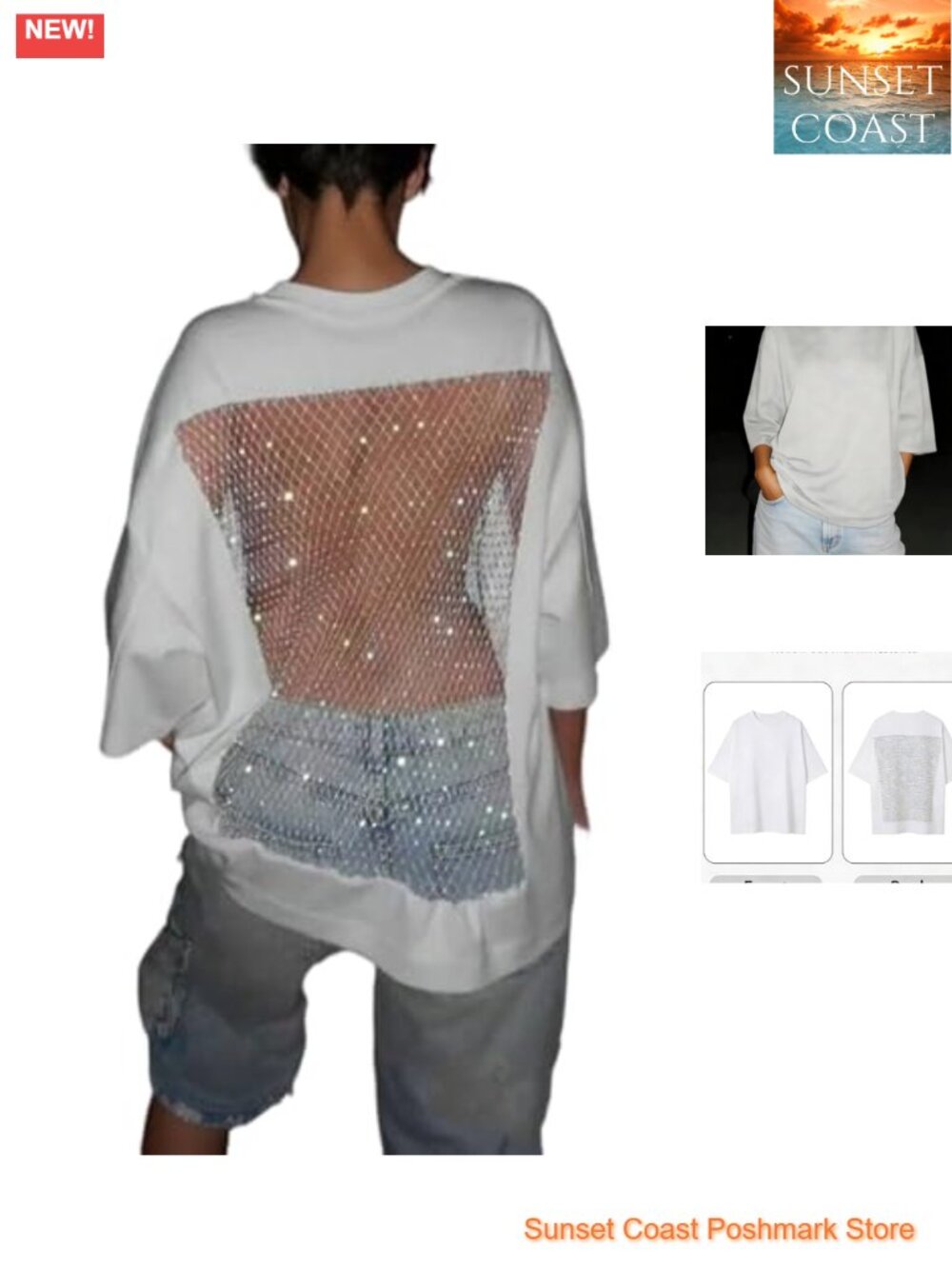 Women's Rhinestone Backless Mesh T Shirt Oversized See Through Blouse Sparkly